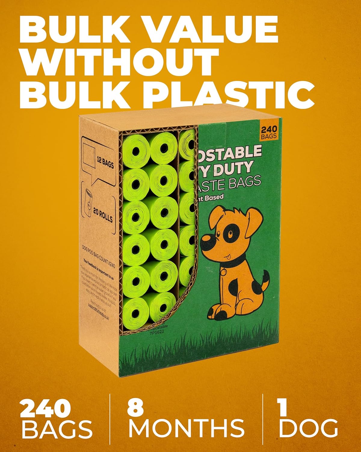 Fur Heads Compostable Dog Poo Bags – 240 Extra Thick, Leak-Proof, Unscented & Plastic-Free Waste Bags