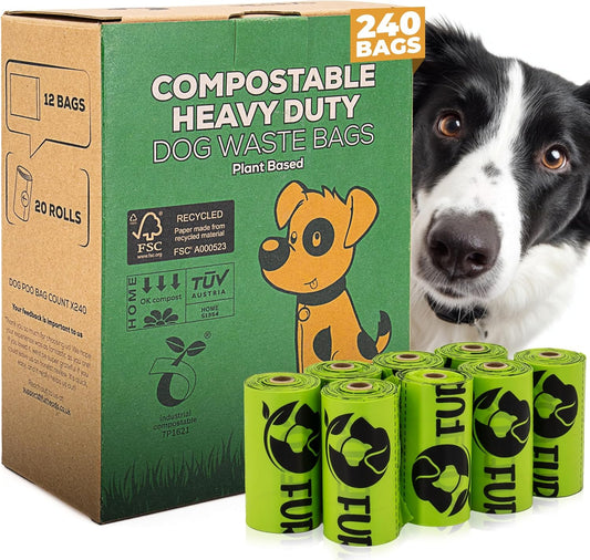 Fur Heads Compostable Dog Poo Bags – 240 Extra Thick, Leak-Proof, Unscented & Plastic-Free Waste Bags