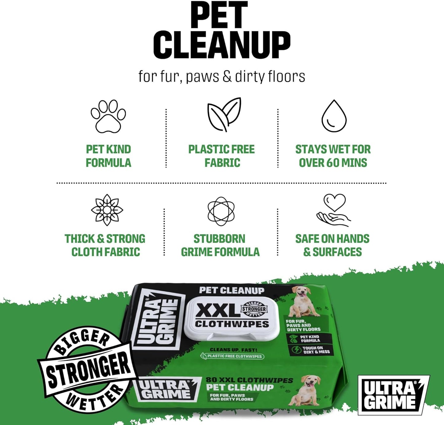 Ultra Grime Pet XXL Biodegradable Dog Wipes – 80 Large Eco-Friendly Cleaning Cloths