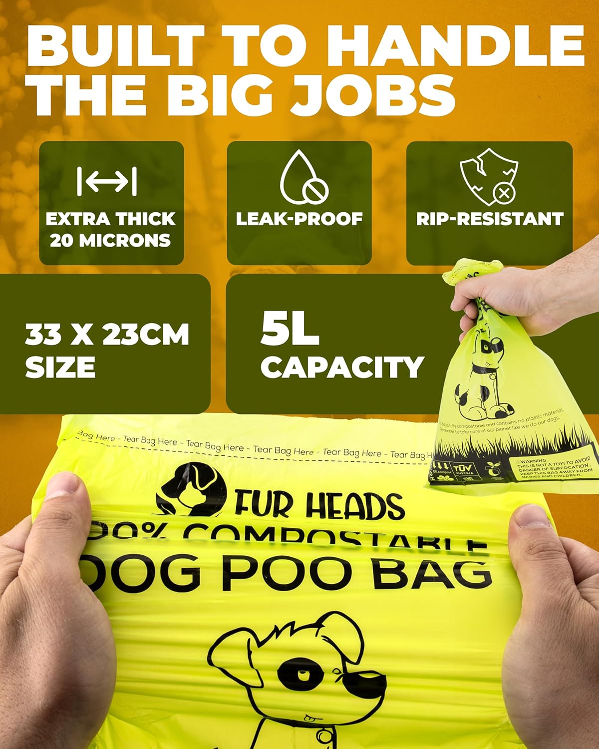 Fur Heads Compostable Dog Poo Bags – 240 Extra Thick, Leak-Proof, Unscented & Plastic-Free Waste Bags