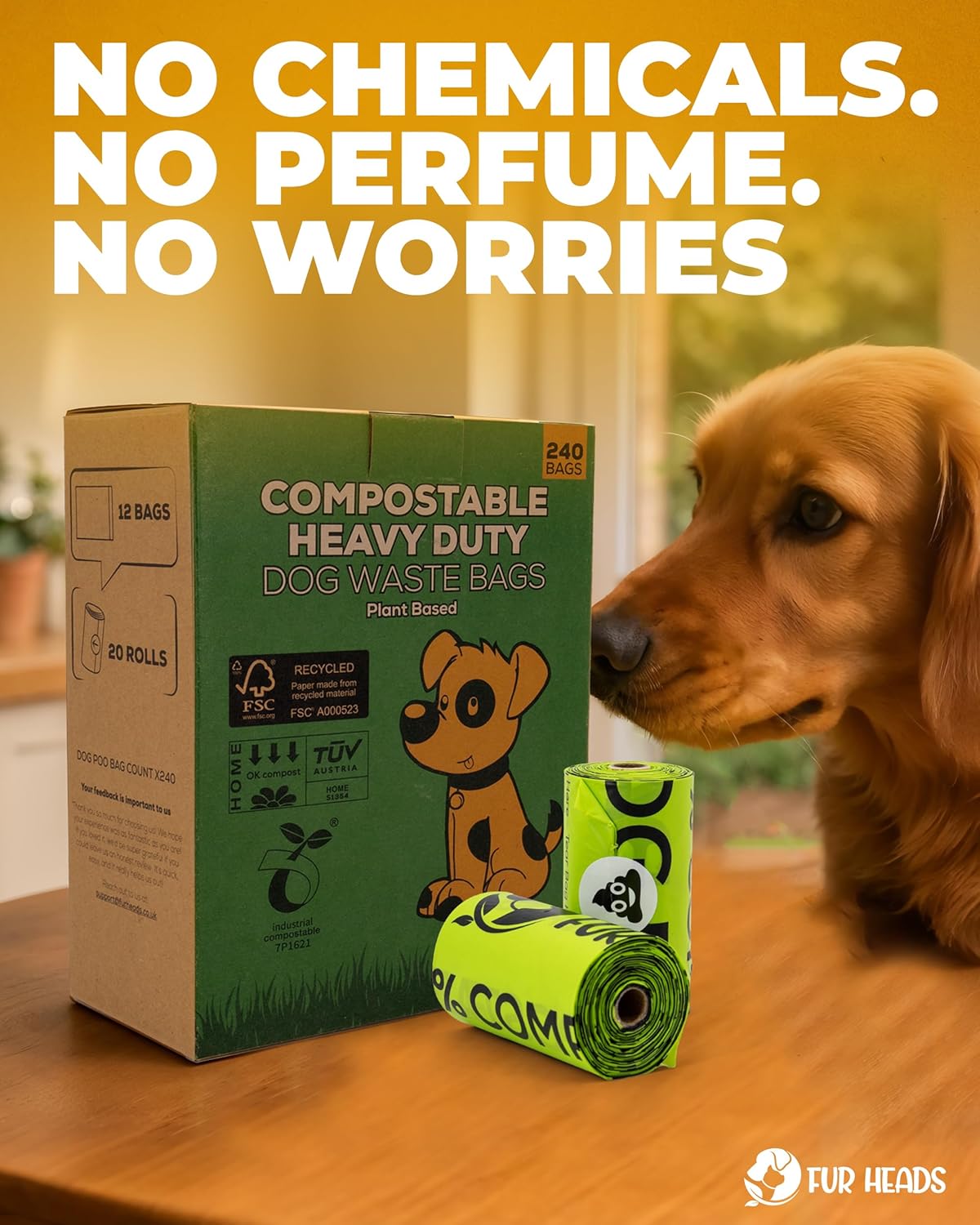 Fur Heads Compostable Dog Poo Bags – 240 Extra Thick, Leak-Proof, Unscented & Plastic-Free Waste Bags
