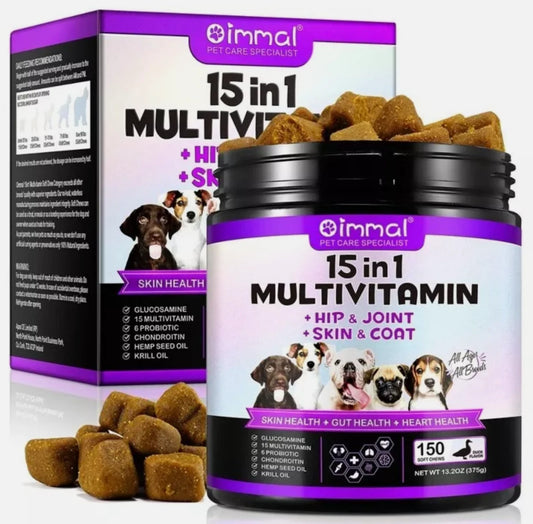 Oimmal 15-in-1 Dog Multivitamin Chews – Joint, Gut, Skin & Coat Support, Duck Flavour
