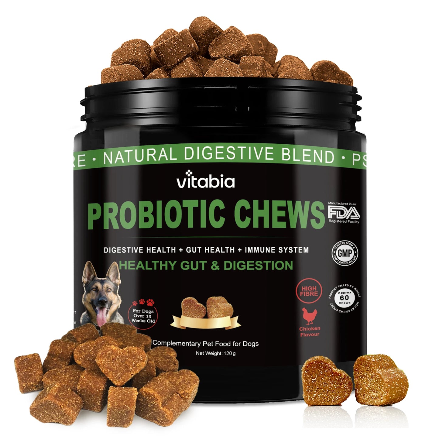 VITABIA Probiotic Chews for Dogs – Gut Health, Digestion & Anal Gland Support (60 Chews)