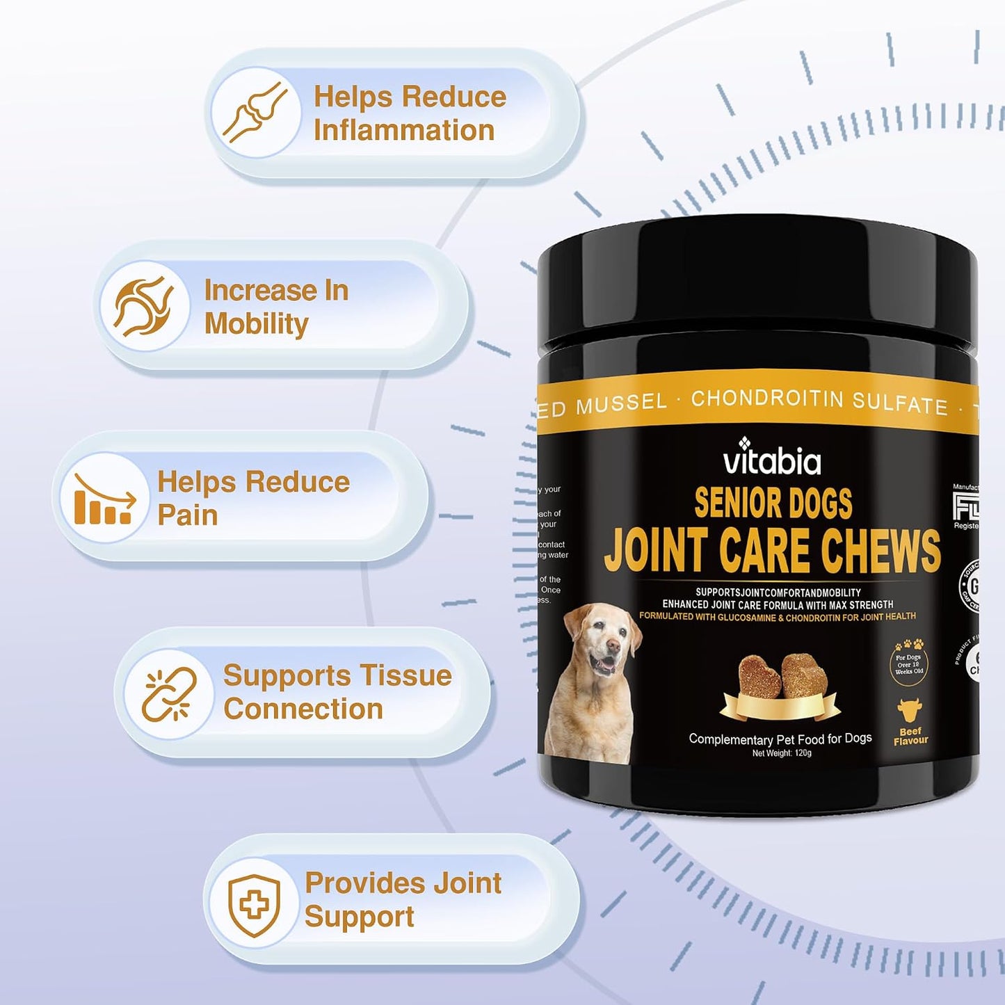 VITABIA Senior Dog Joint Supplement Chews – Glucosamine & Omega-3 Joint Support (120 Chews)