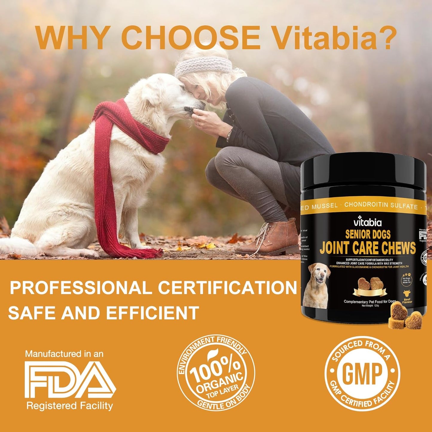 VITABIA Senior Dog Joint Supplement Chews – Glucosamine & Omega-3 Joint Support (120 Chews)