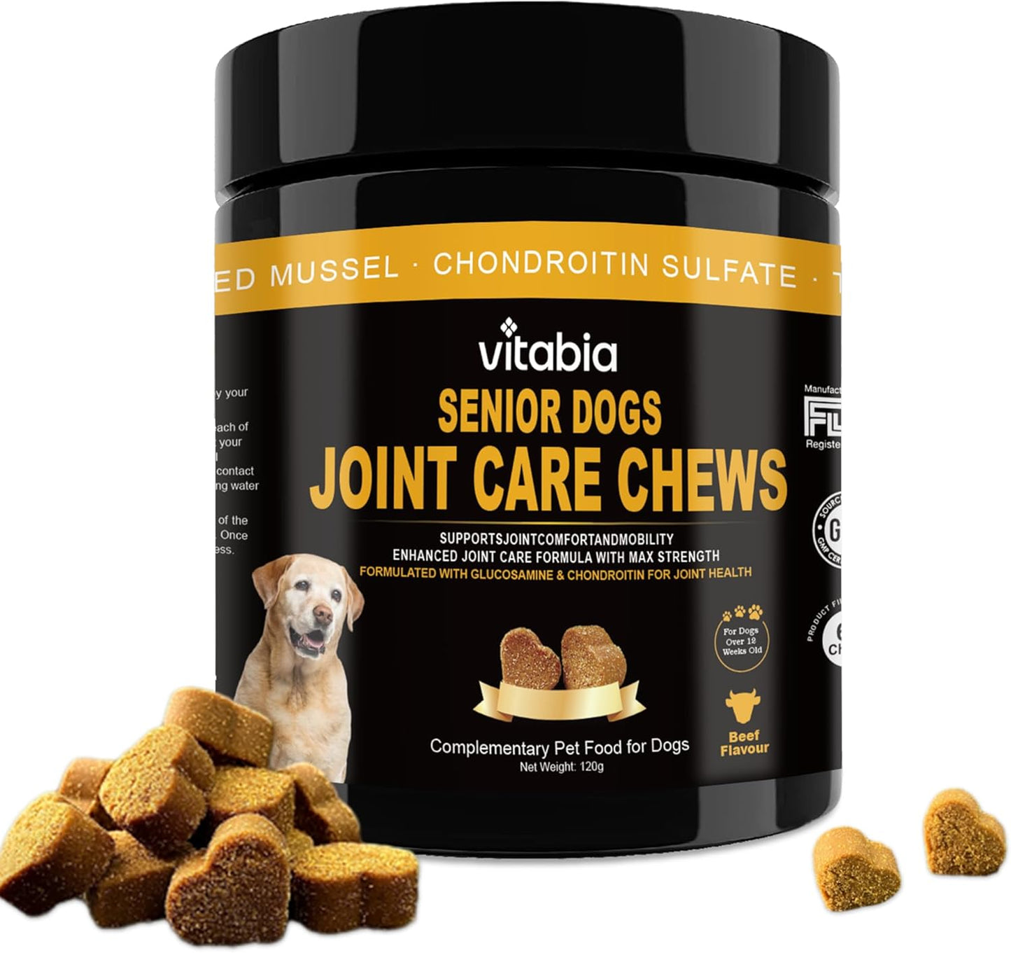 VITABIA Senior Dog Joint Supplement Chews – Glucosamine & Omega-3 Joint Support (120 Chews)