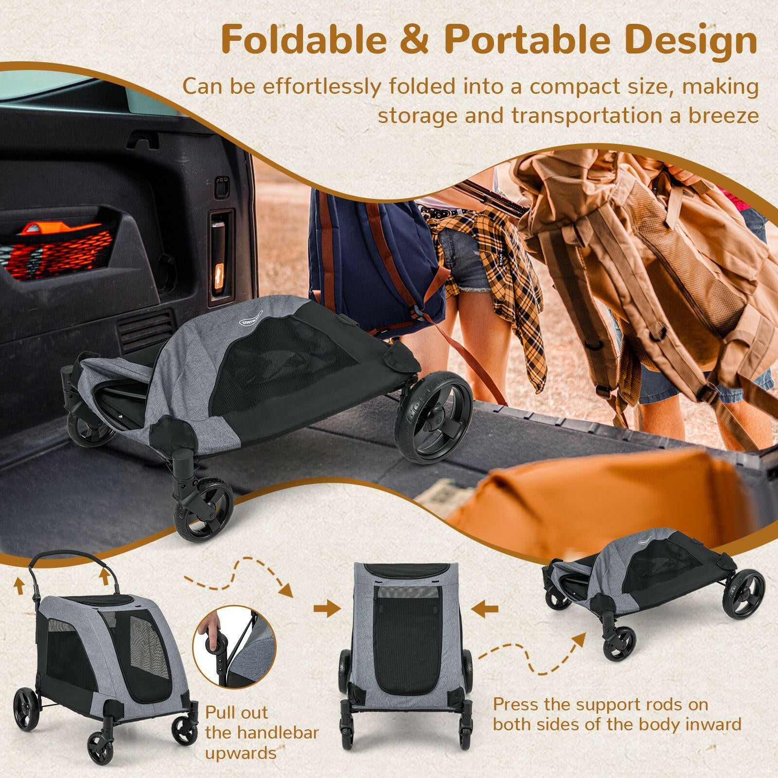 Foldable Dog Stroller for Medium to Large Dogs with Front Door and Skylight for Improved Ventilation