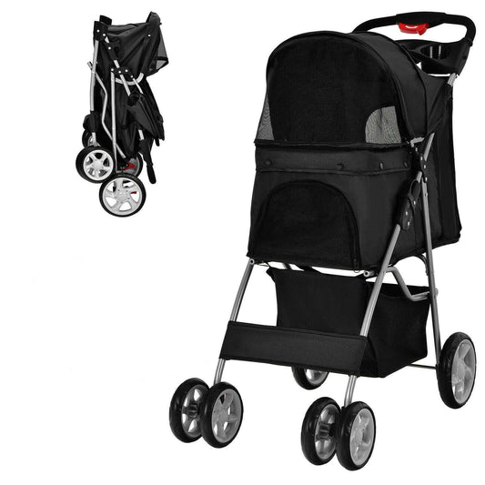Folding Dog Stroller with Storage Basket, Adjustable Canopy, and 4-Wheel Design