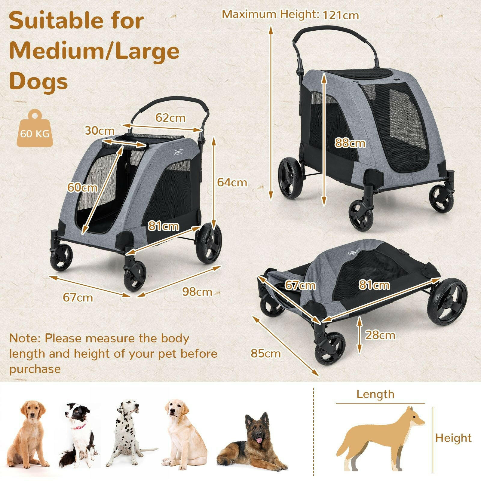 Foldable Dog Stroller for Medium to Large Dogs with Front Door and Skylight for Improved Ventilation
