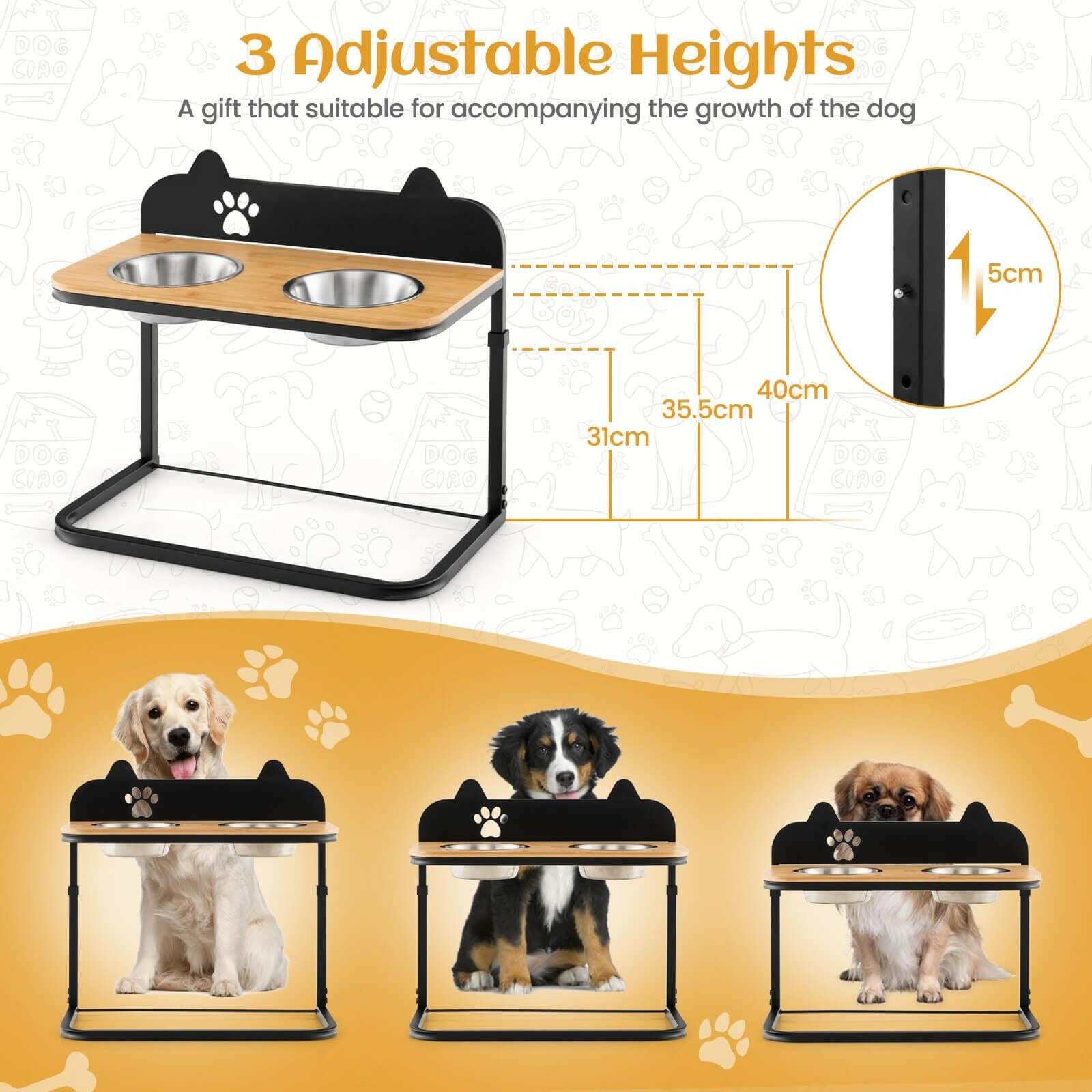 Customisable Elevated Dog Bowls Feeder with Adjustable Heights and Convenient Dining Marker